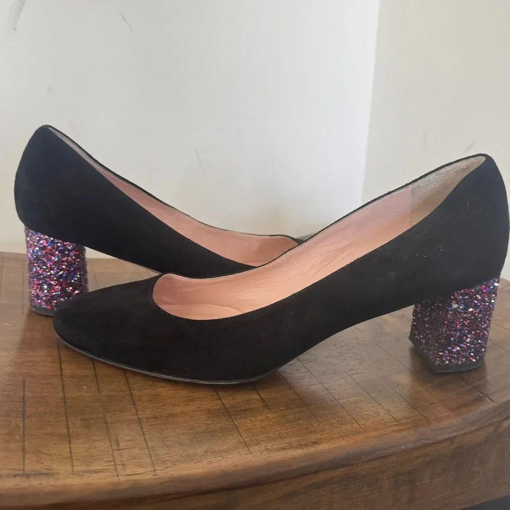 Kate Spade Made in Italy Black Suede Pumps Women's 10M Glitter Block Heels